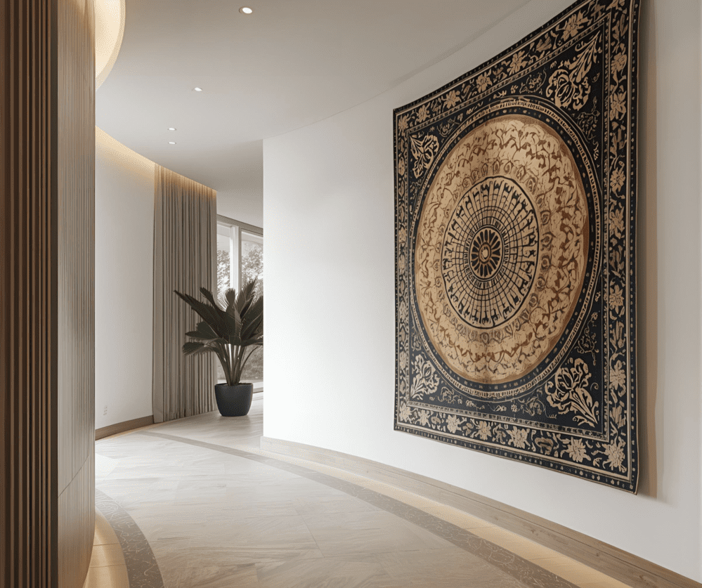 Large modern curved hallway with a large modern tapestry hung on it.