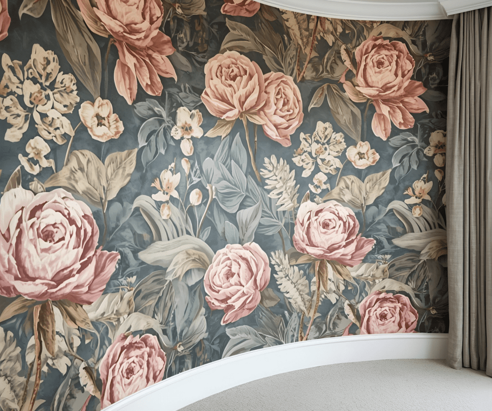 Curved wall finished with modern floral wallpaper in a bold pattern, showing how wallpaper wraps smoothly around rounded surfaces