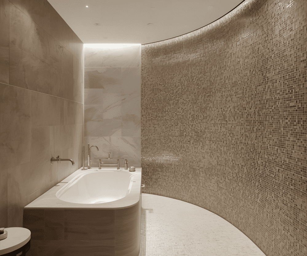 Curved wall finished with mosaic tile in neutral tones for texture and durability