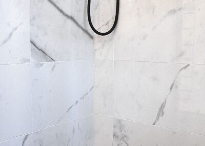 Black and white en-suite shower with mosaic tile floor, white grout, linear drain, and matte black fixtures