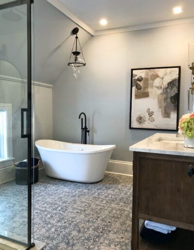 Freestanding bathtub in bright renovated bathroom in Kemptville