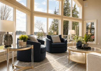 Contemporary seating area in White Lake with navy swivel chairs, round glass coffee table, oversized windows, and soft natural light overlooking the lake.